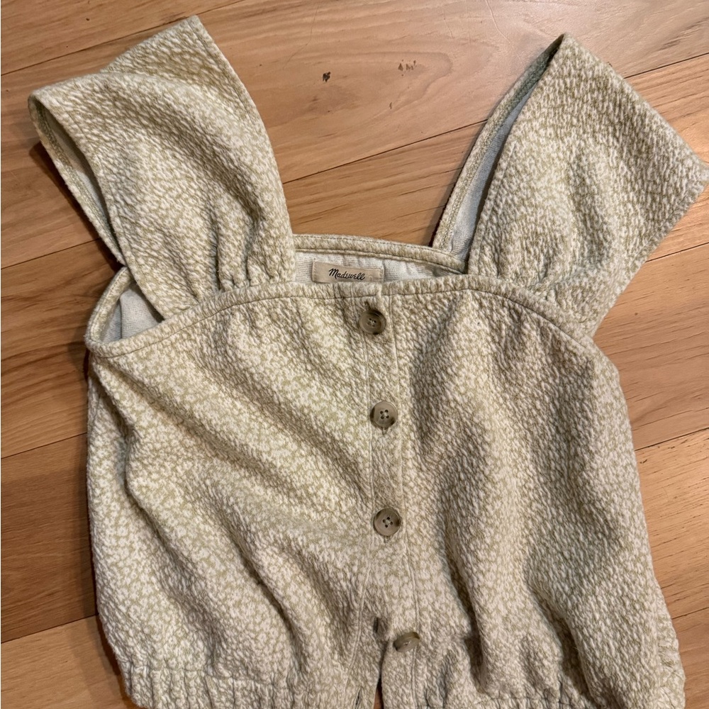 Madewell Textured Cream/green Button-Front cropped button up with cap sleeve